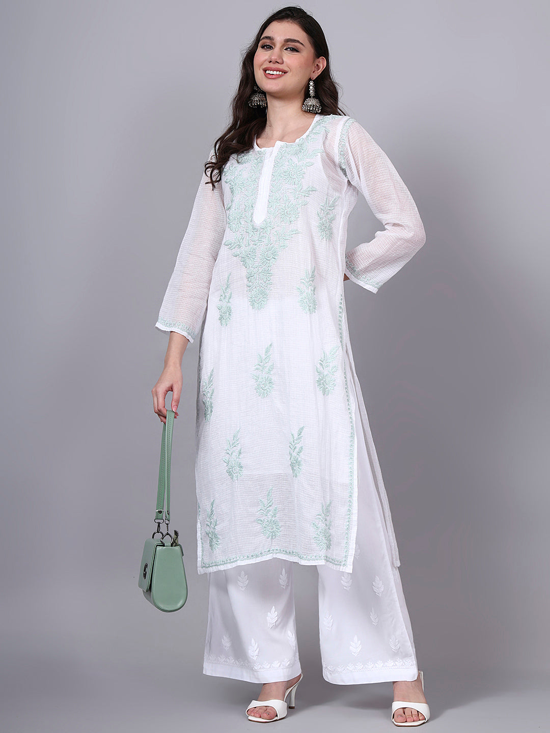 Hand Embroidered Chikankari Kota Cotton Straight Kurta With Matching Slip- PC4137 Seagreen