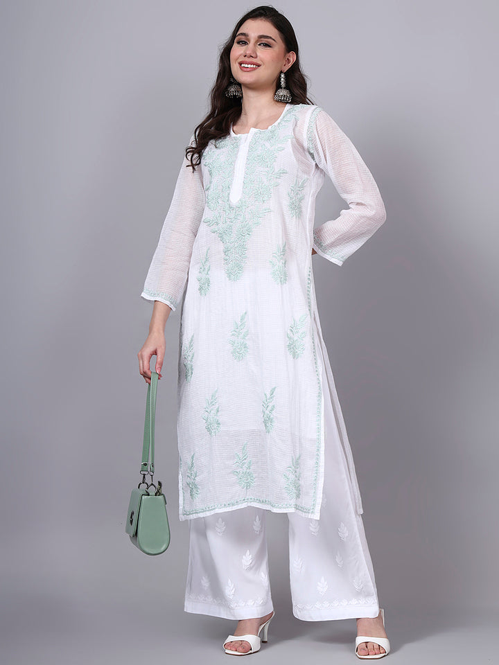 Hand Embroidered Chikankari Kota Cotton Straight Kurta With Matching Slip- PC4137 Seagreen