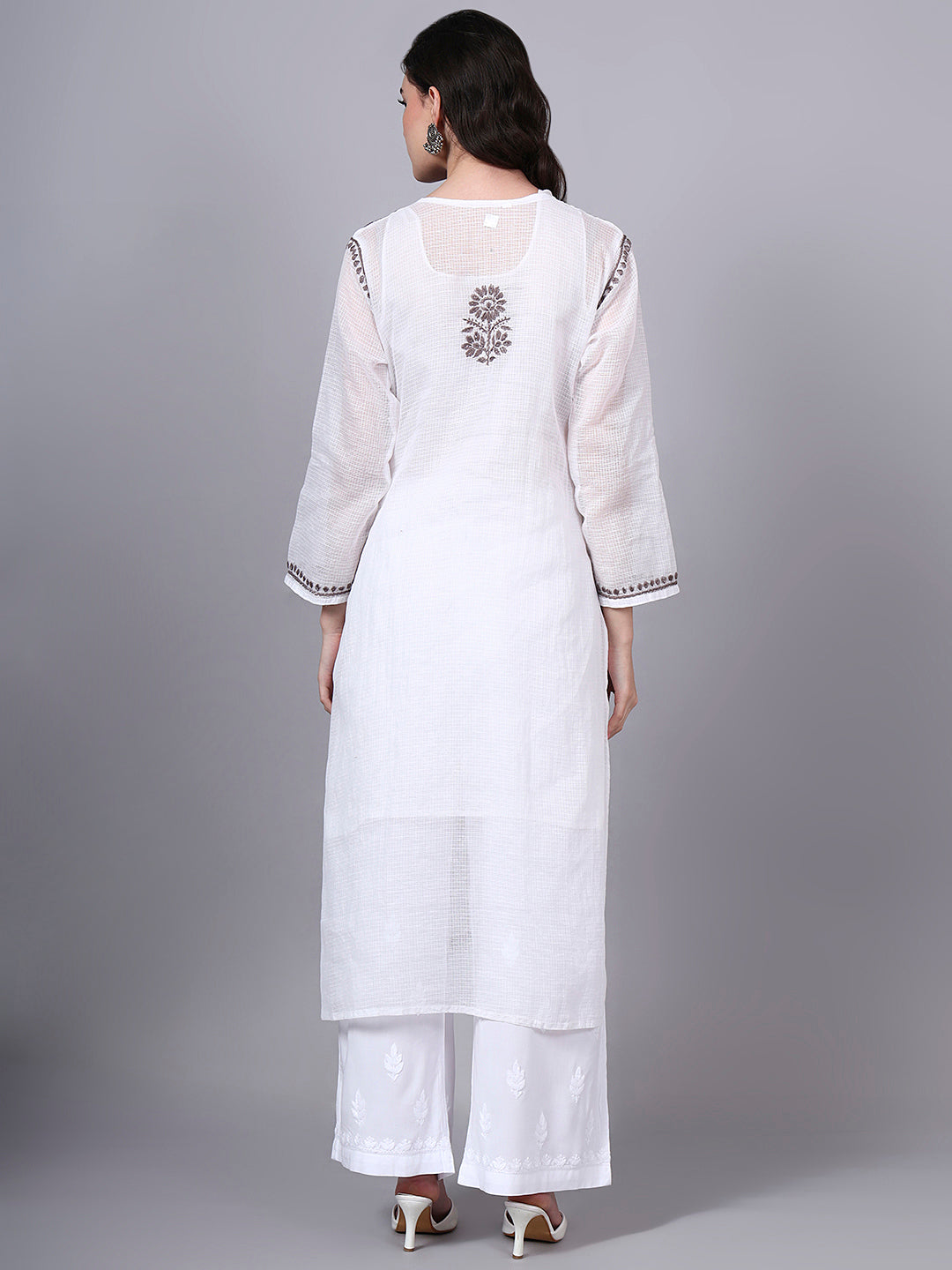 Hand Embroidered Chikankari Kota Cotton Straight Kurta With Matching Slip- PC4137 Brown