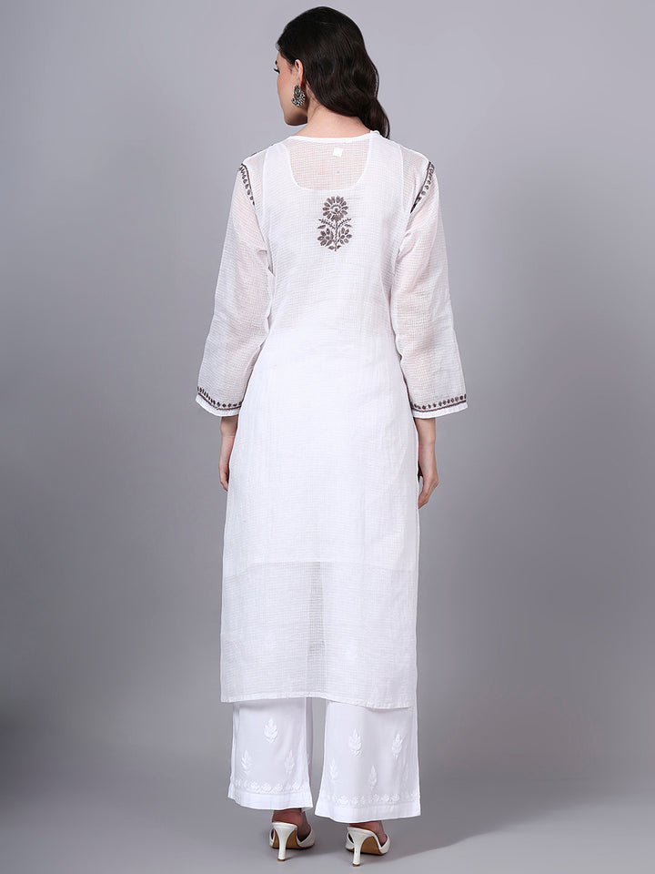 Hand Embroidered Chikankari Kota Cotton Straight Kurta With Matching Slip- PC4137 Brown