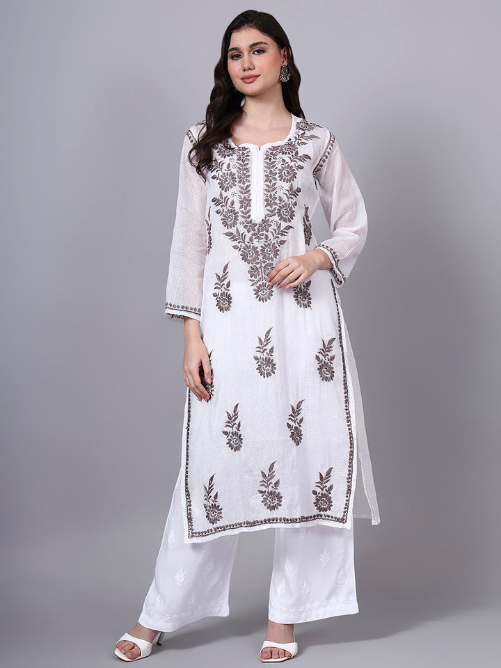 Hand Embroidered Chikankari Kota Cotton Straight Kurta With Matching Slip- PC4137 Brown