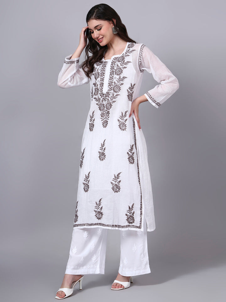Hand Embroidered Chikankari Kota Cotton Straight Kurta With Matching Slip- PC4137 Brown