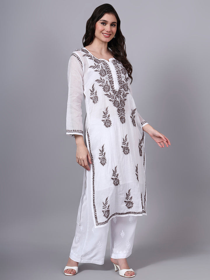 Hand Embroidered Chikankari Kota Cotton Straight Kurta With Matching Slip- PC4137 Brown