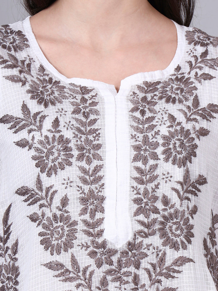 Hand Embroidered Chikankari Kota Cotton Straight Kurta With Matching Slip- PC4137 Brown