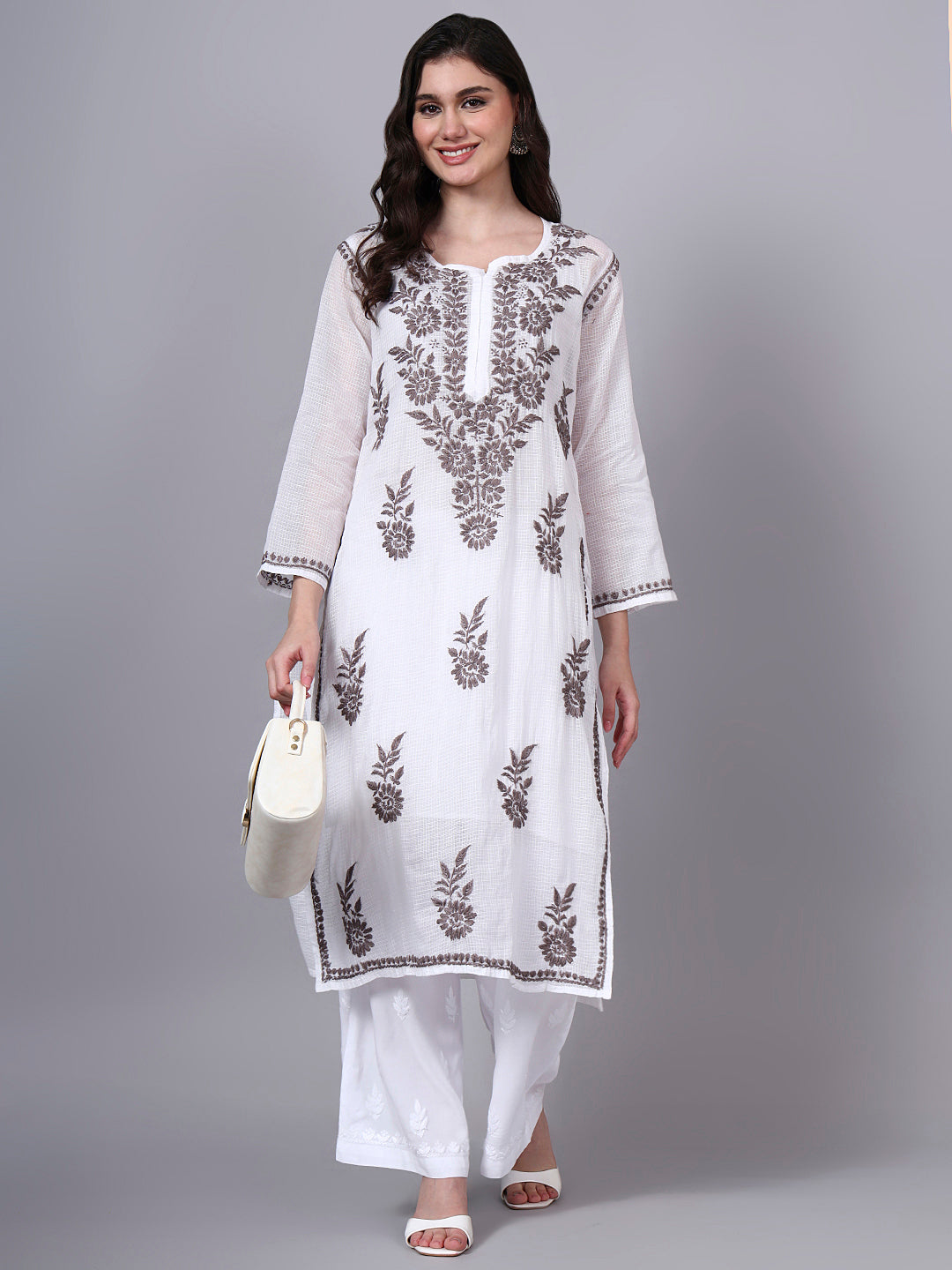 Hand Embroidered Chikankari Kota Cotton Straight Kurta With Matching Slip- PC4137 Brown
