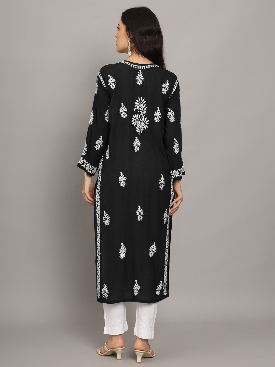 Hand Embroidered Chikankari Modal Straight Kurta- PC4042 Black