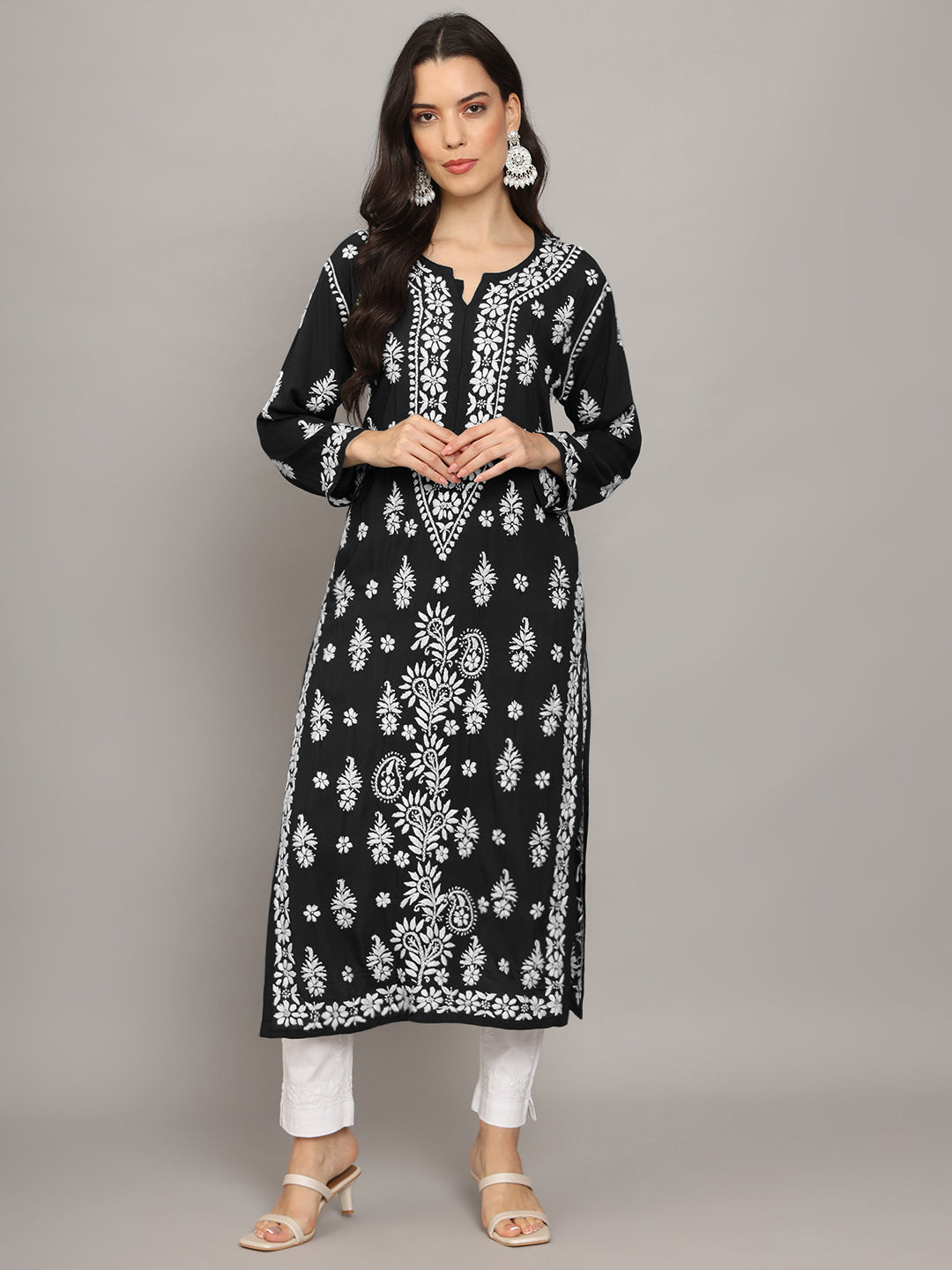 Hand Embroidered Chikankari Modal Straight Kurta- PC4042 Black