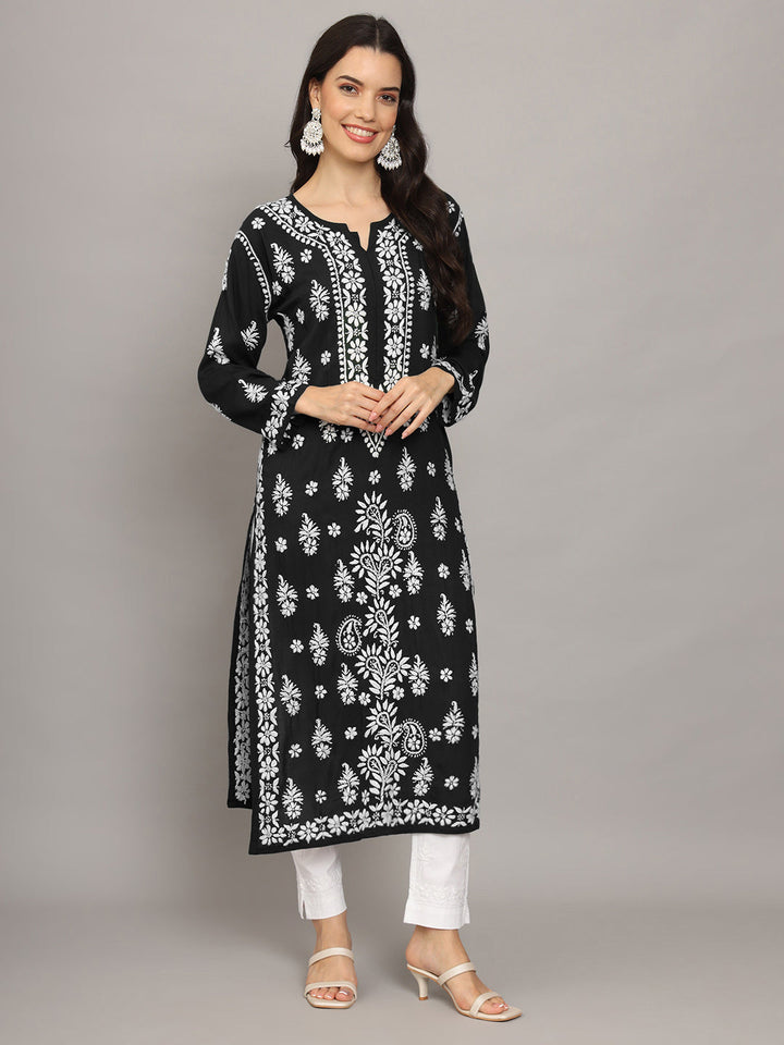Hand Embroidered Chikankari Modal Straight Kurta- PC4042 Black