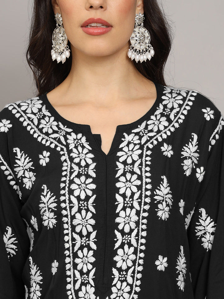 Hand Embroidered Chikankari Modal Straight Kurta- PC4042 Black