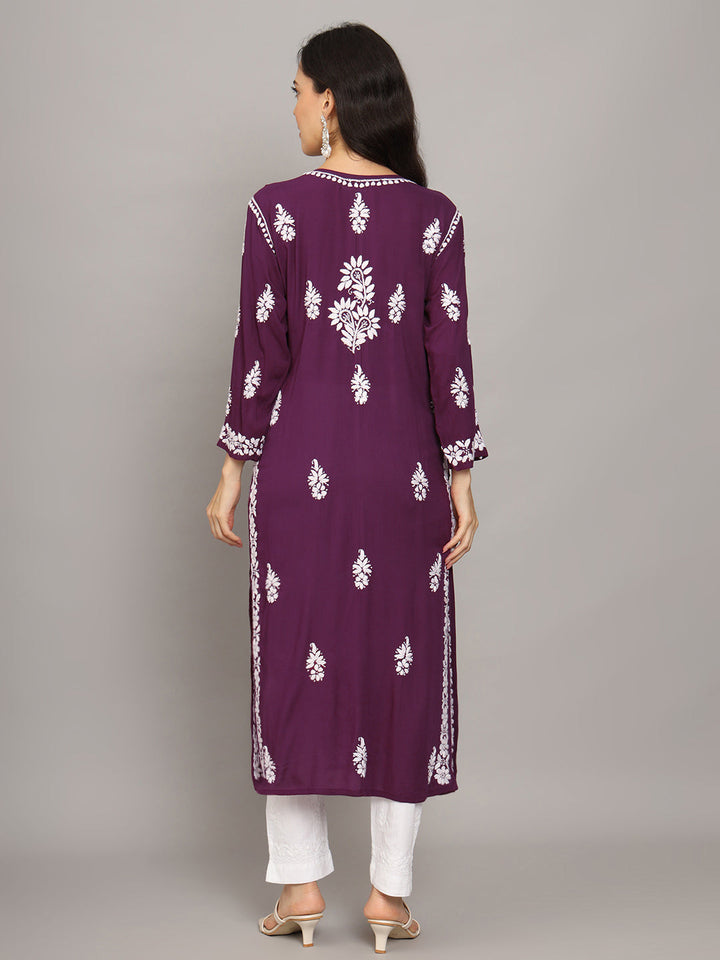 Hand Embroidered Chikankari Modal Straight Kurta- PC4042 Purple