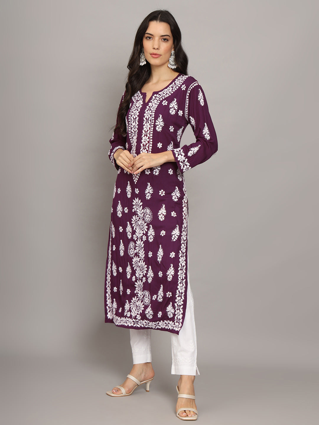 Hand Embroidered Chikankari Modal Straight Kurta- PC4042 Purple
