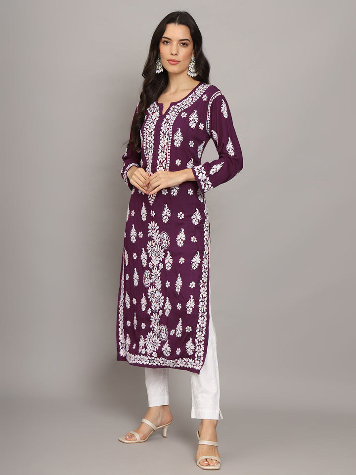 Hand Embroidered Chikankari Modal Straight Kurta- PC4042 Purple