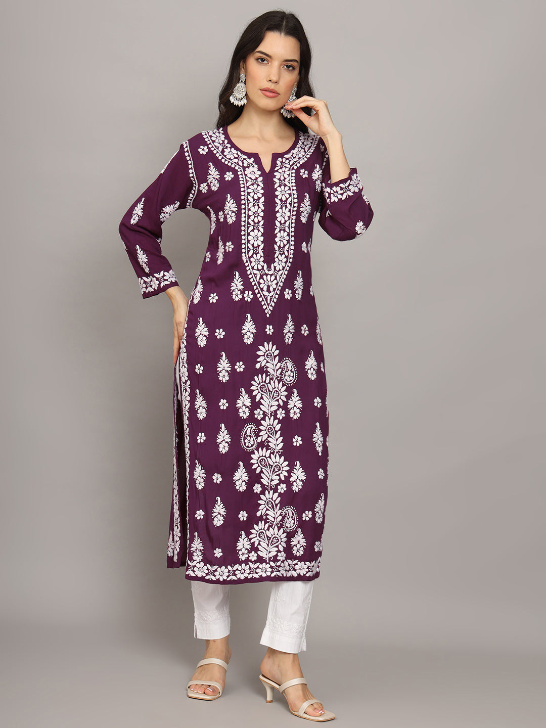 Hand Embroidered Chikankari Modal Straight Kurta- PC4042 Purple
