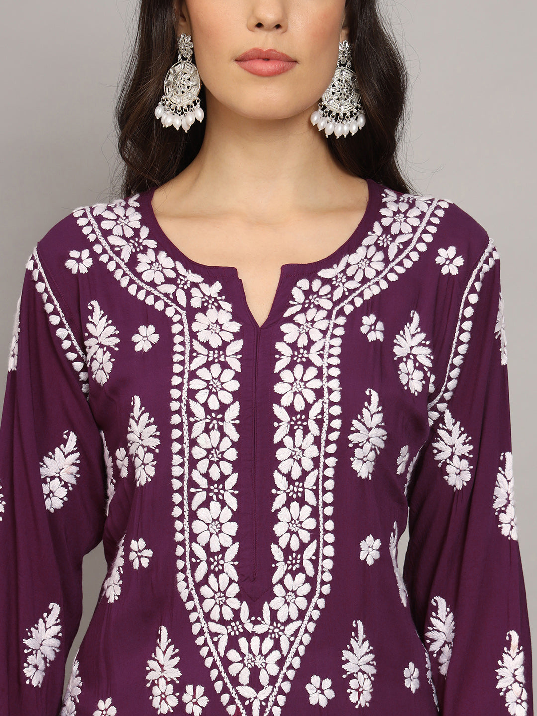 Hand Embroidered Chikankari Modal Straight Kurta- PC4042 Purple