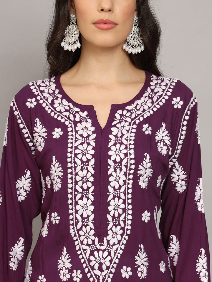 Hand Embroidered Chikankari Modal Straight Kurta- PC4042 Purple