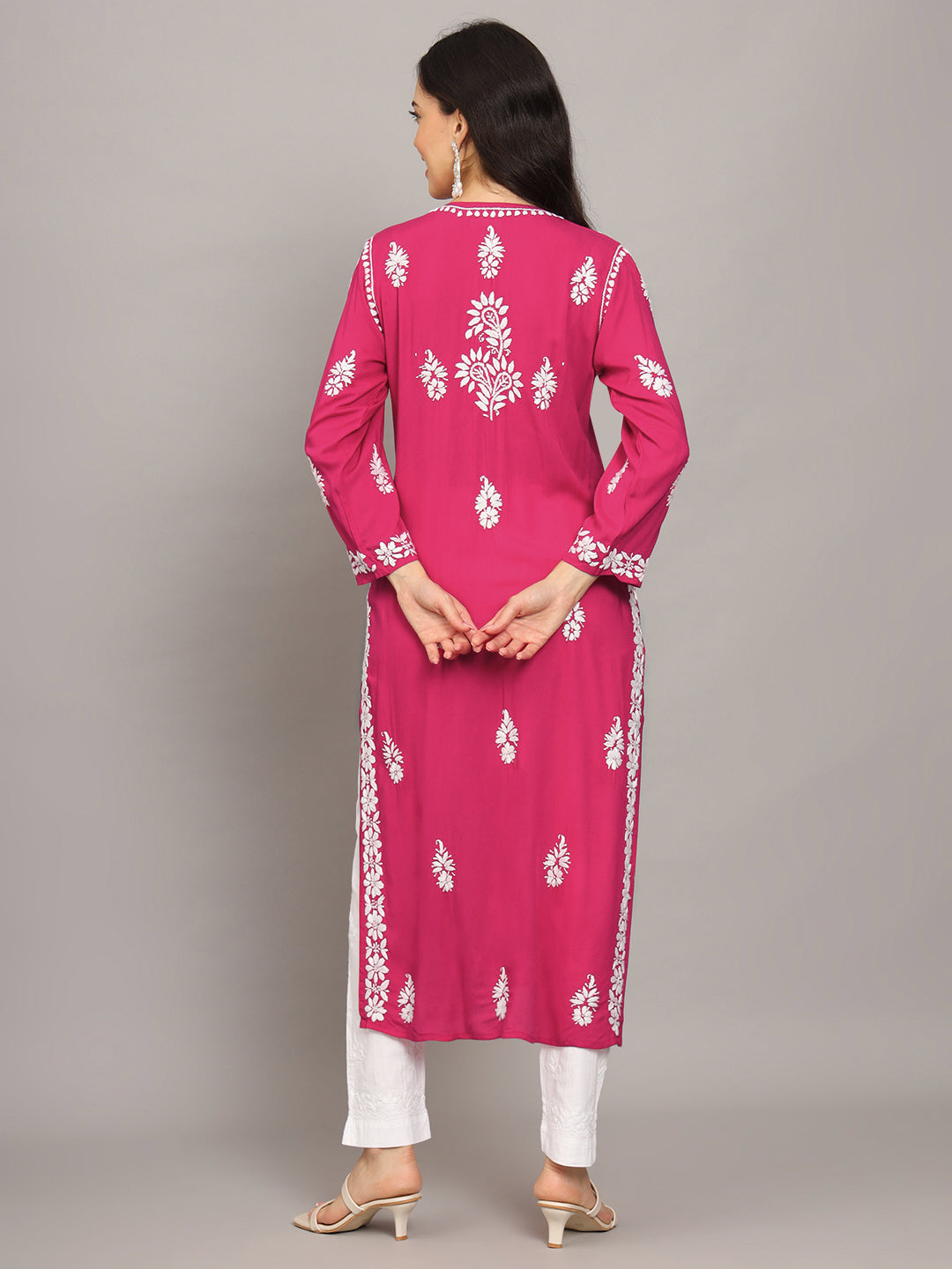 Hand Embroidered Chikankari Modal Straight Kurta- PC4042 Magenta