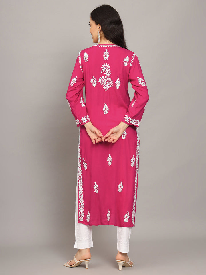Hand Embroidered Chikankari Modal Straight Kurta- PC4042 Magenta