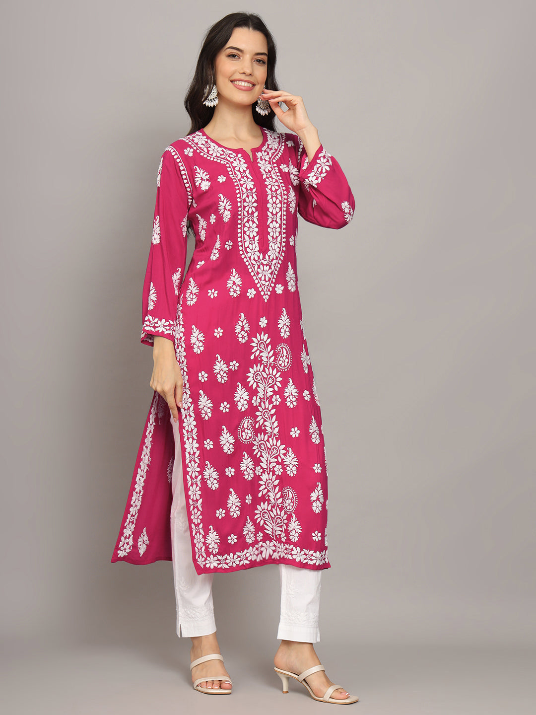 Hand Embroidered Chikankari Modal Straight Kurta- PC4042 Magenta