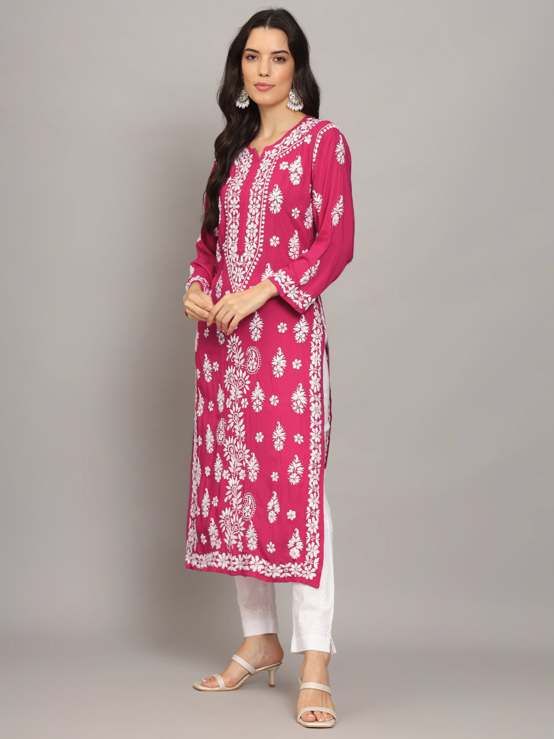 Hand Embroidered Chikankari Modal Straight Kurta- PC4042 Magenta