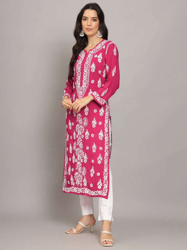Hand Embroidered Chikankari Modal Straight Kurta- PC4042 Magenta