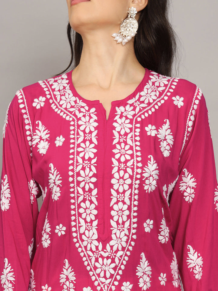 Hand Embroidered Chikankari Modal Straight Kurta- PC4042 Magenta