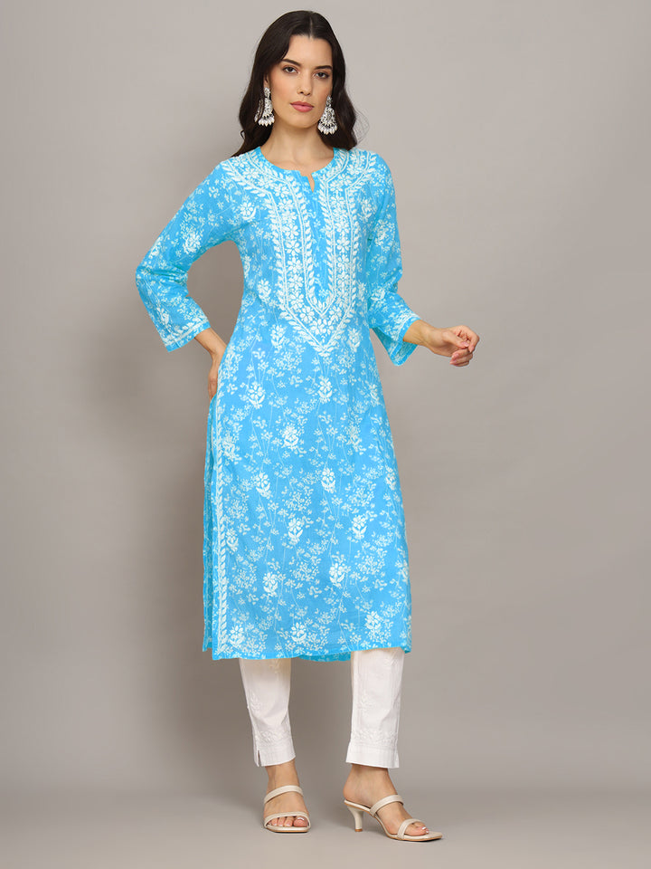 Hand Embroidered Chikankari Mulmul Cotton Straight Kurta- PC4041