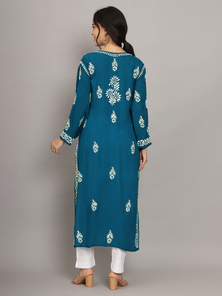 Hand Embroidered Chikankari Modal Straight Kurta- PC4042 Teal