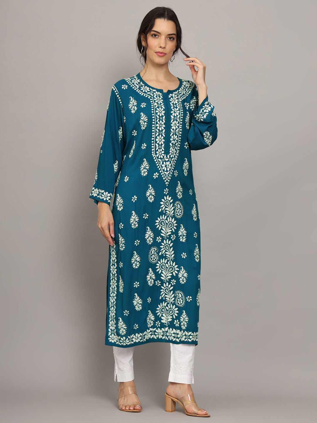 Hand Embroidered Chikankari Modal Straight Kurta- PC4042 Teal