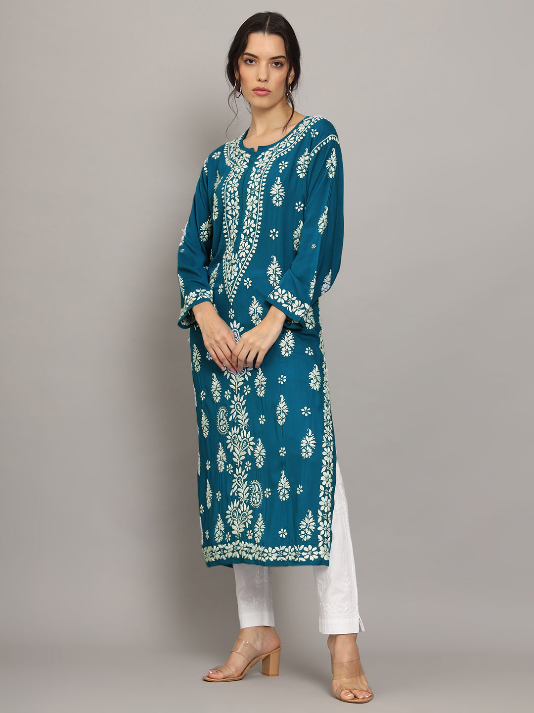 Hand Embroidered Chikankari Modal Straight Kurta- PC4042 Teal