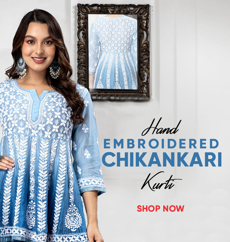 Blue chikankari Kurta in Modal cotton - House Of Kari (Chikankari Clothing)