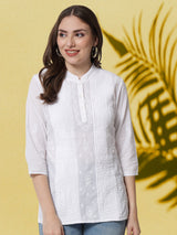 White Pleated Short Chikankari Cotton Kurti