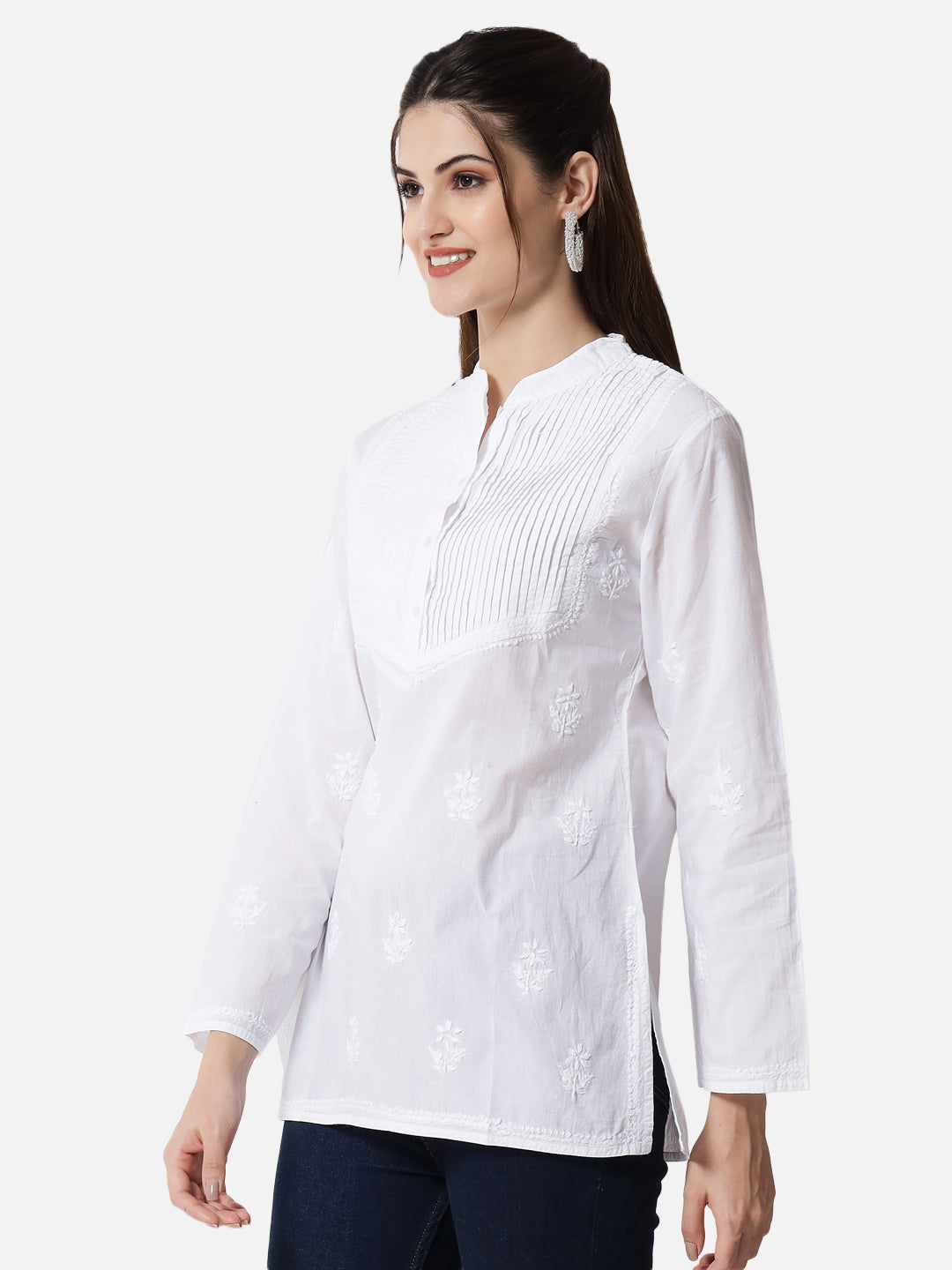 White Ethnic Motifs Hand Embroidered Chikankari Pure Cotton Kurti-PC1440S