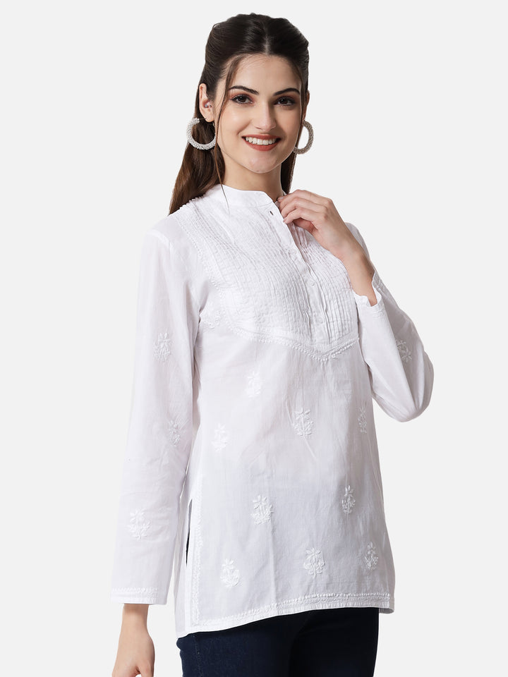 White Ethnic Motifs Hand Embroidered Chikankari Pure Cotton Kurti-PC1440S