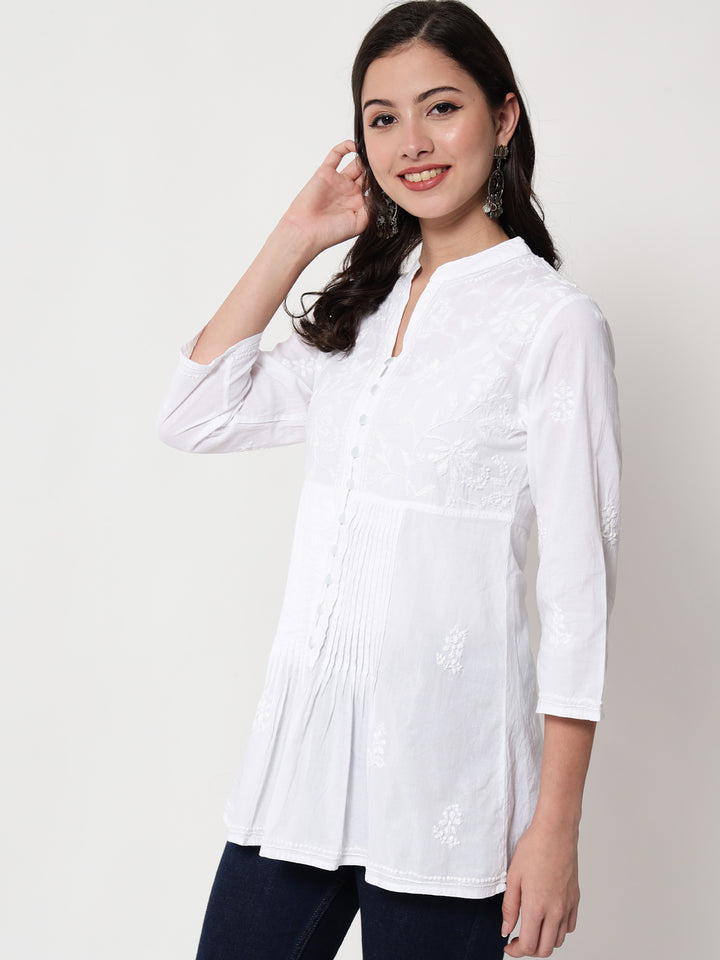 White Ethnic Motifs Chikankari Pure Cotton Short Kurti-PC1821S