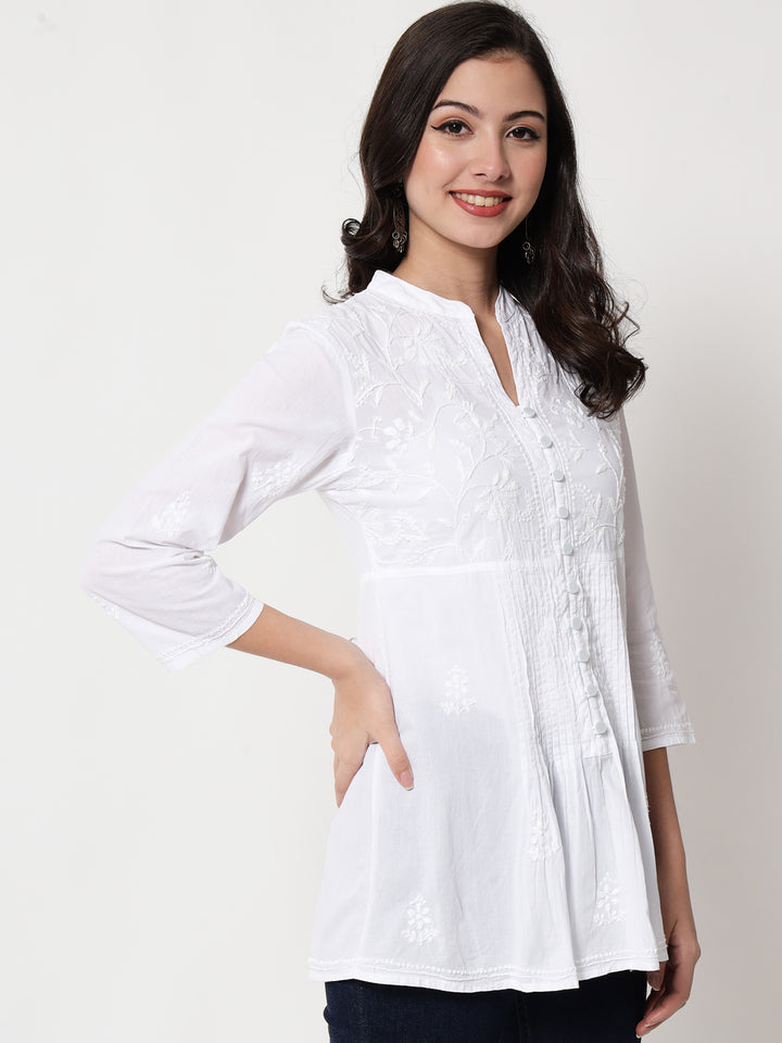 White Ethnic Motifs Chikankari Pure Cotton Short Kurti-PC1821S