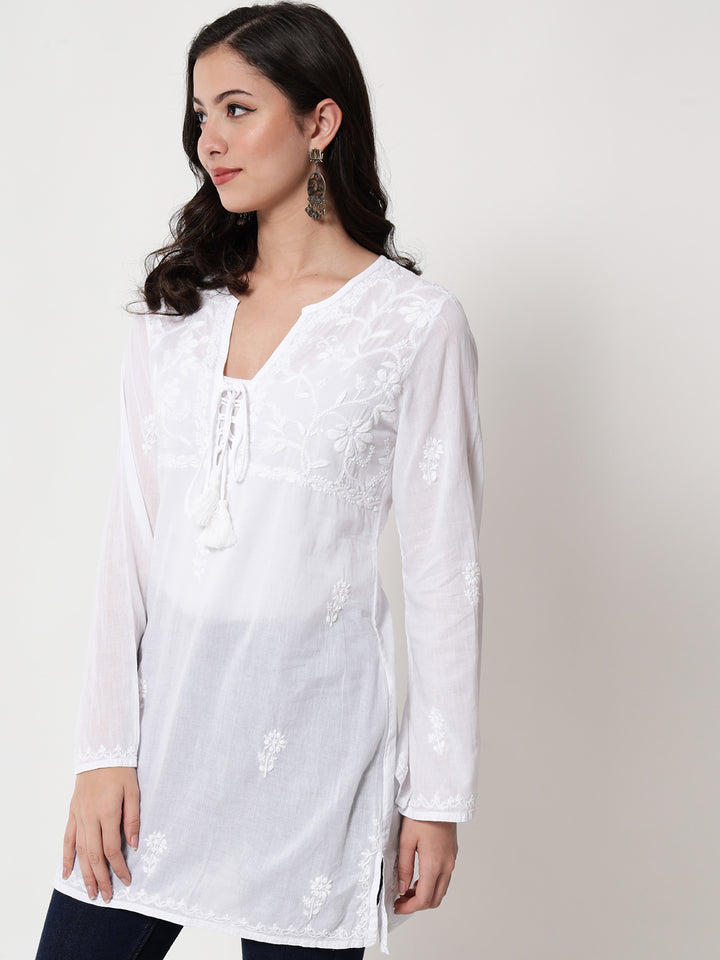 White Ethnic Motifs Hand Embroidered Chikankari Pure Cotton Chikankari Kurti-PC2086