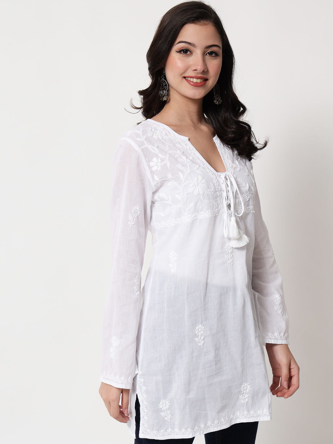 White Ethnic Motifs Hand Embroidered Chikankari Pure Cotton Chikankari Kurti-PC2086