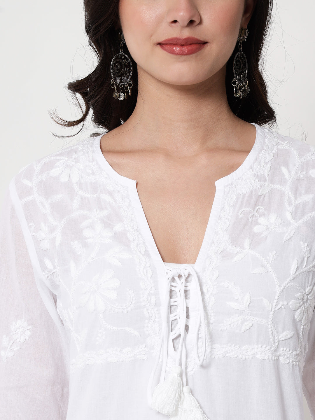 White Ethnic Motifs Hand Embroidered Chikankari Pure Cotton Chikankari Kurti-PC2086