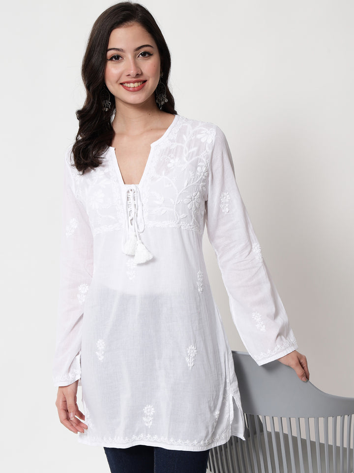 White Ethnic Motifs Hand Embroidered Chikankari Pure Cotton Chikankari Kurti-PC2086