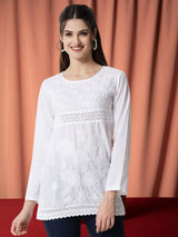 White Self-Design Chikankari Cotton Kurti
