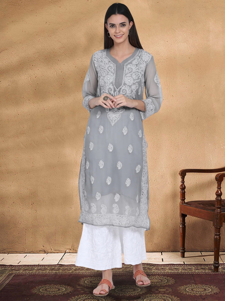 Hand Embroidered Chikankari Georgette Straight Kurta With Matching Slip- PC3392 Lightslategray