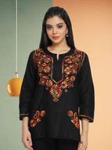 Black Chikankari Cotton Kurti – Collared Neck