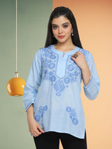 Light Sky Blue Chikankari Cotton Kurti – Collared Neck