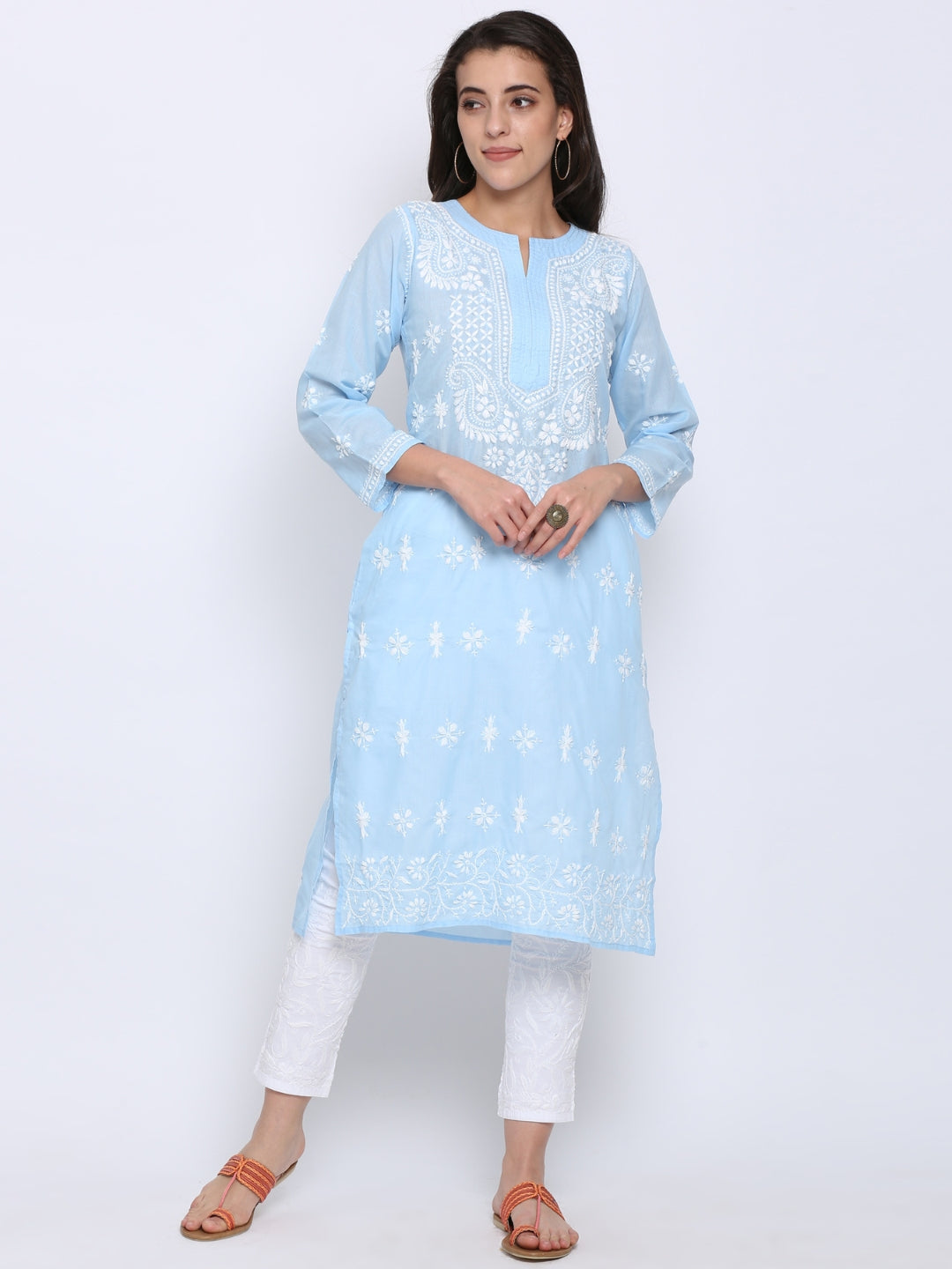 Chikankari Hand Embroidered Cotton Straight Kurta-PC3438