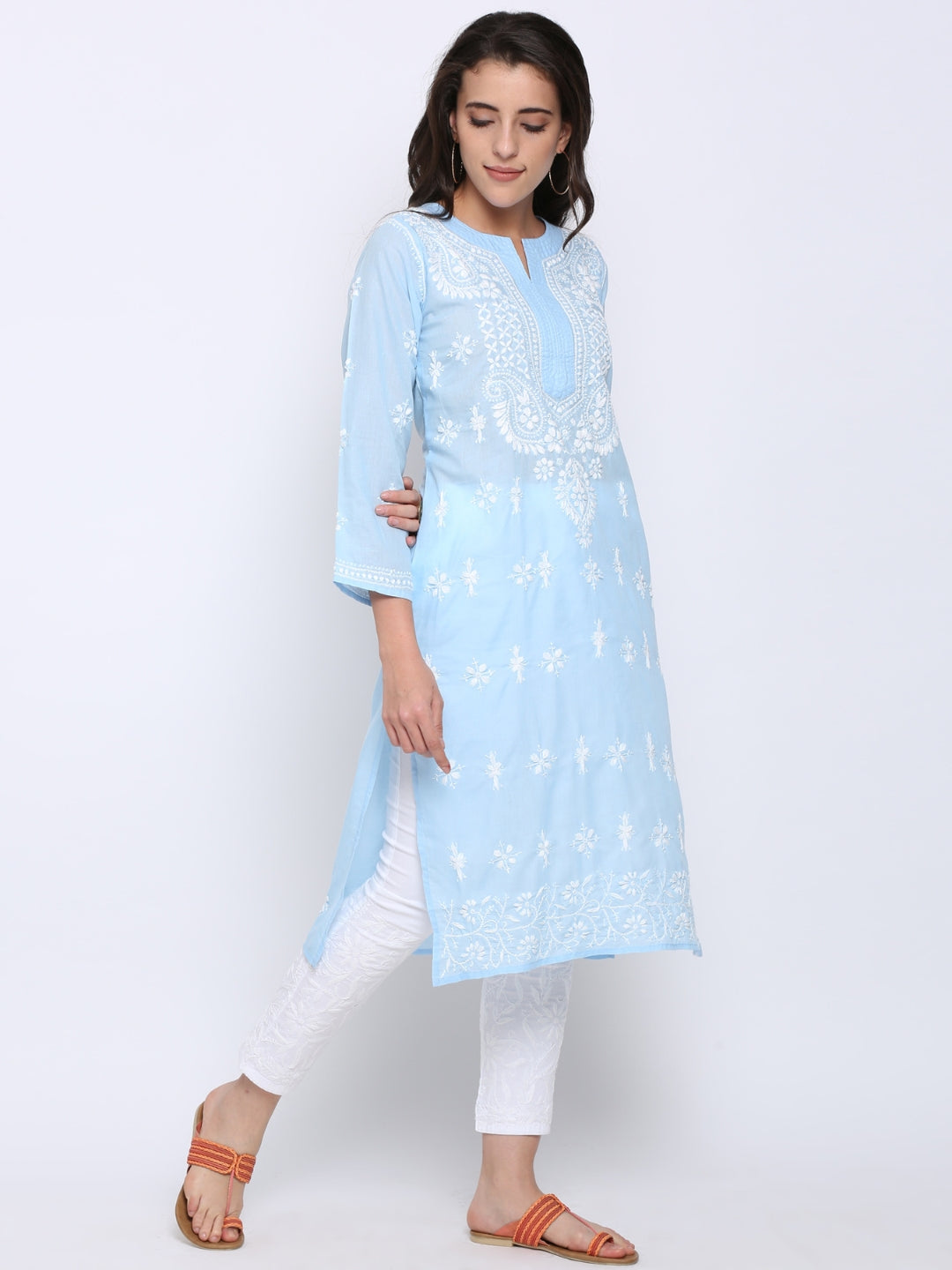 Chikankari Hand Embroidered Cotton Straight Kurta-PC3438