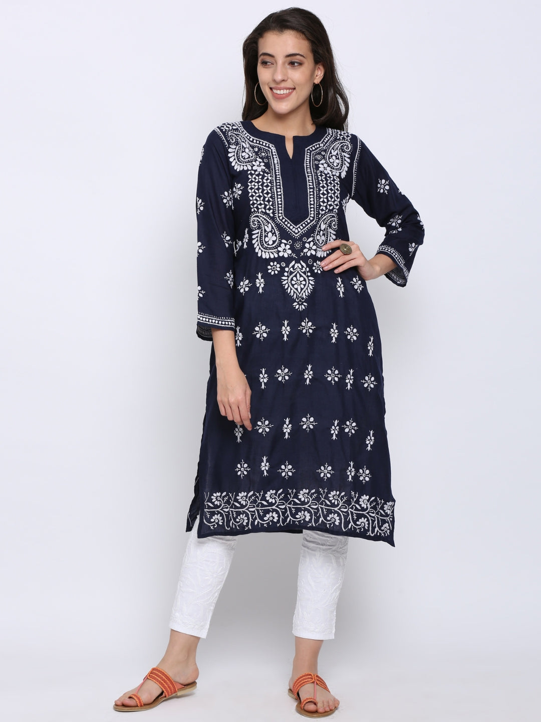 Chikankari Hand Embroidered Cotton Straight Kurta-PC3438