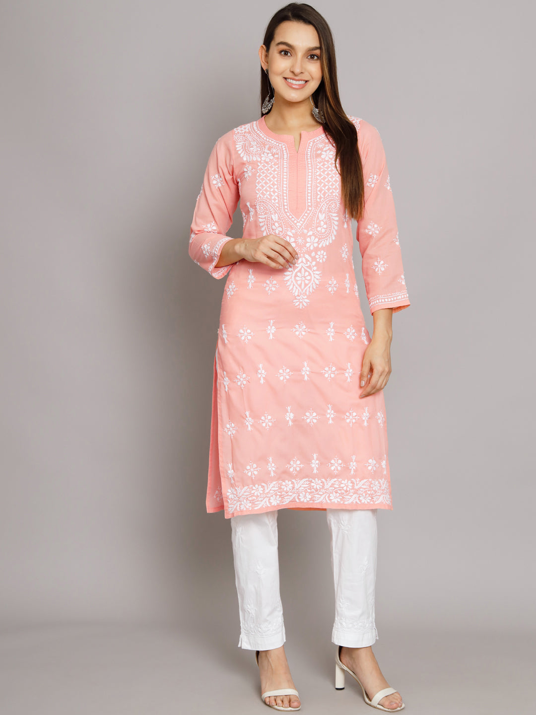 Chikankari Hand Embroidered Cotton Straight Kurta-PC3438