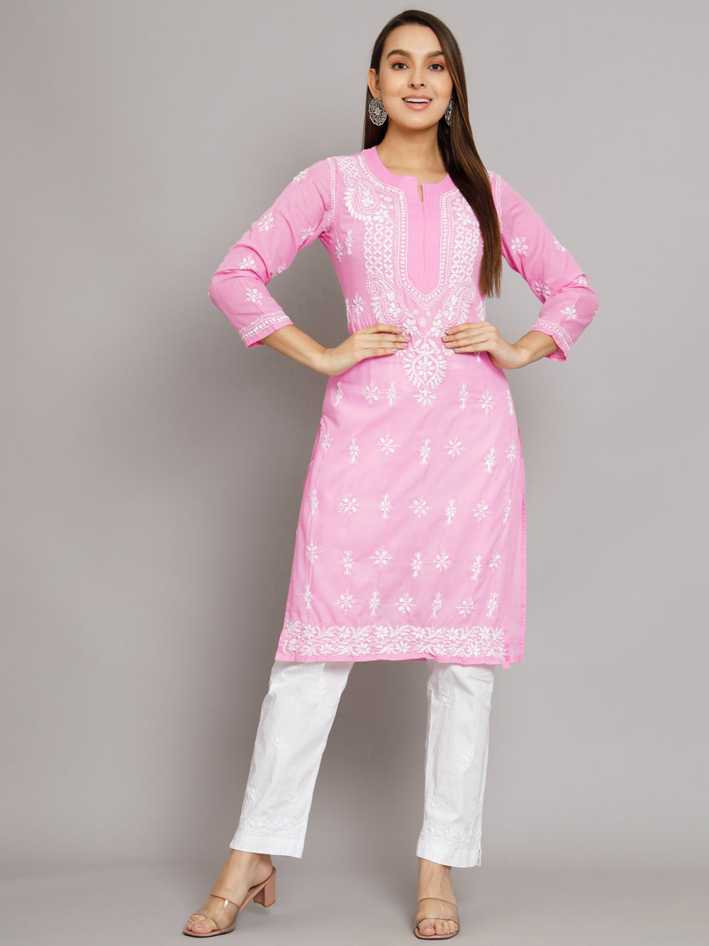 Pink Chikankari Cotton Straight Kurta – Classic Cut
