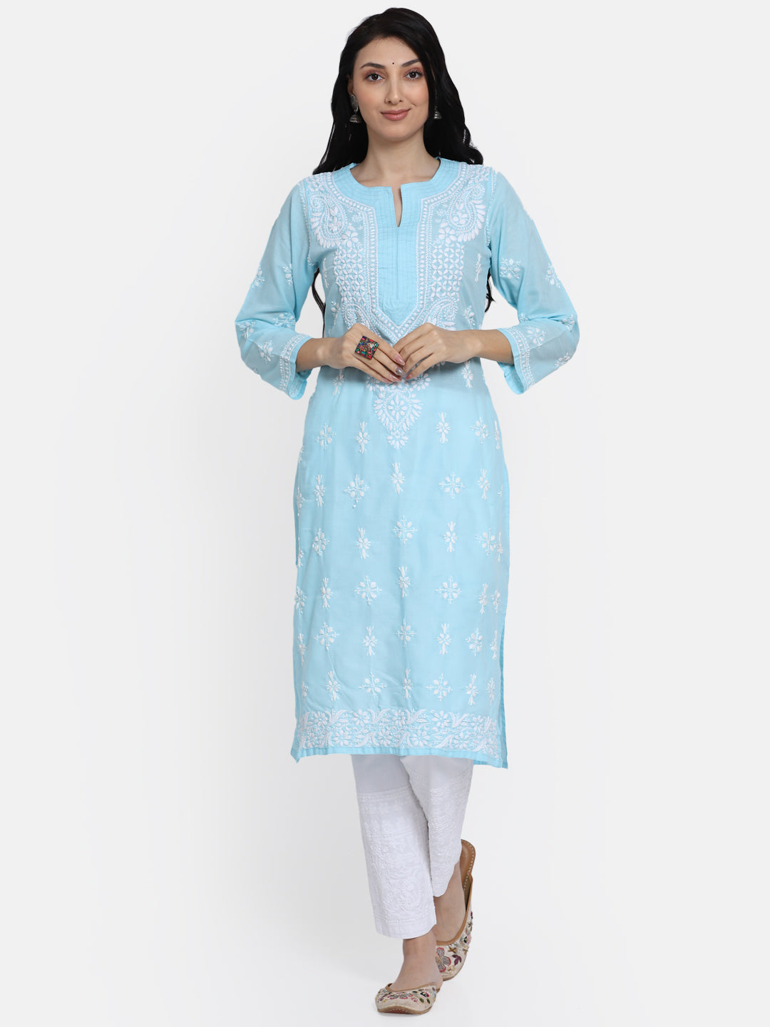 Chikankari Hand Embroidered Cotton Straight Kurta-PC3438