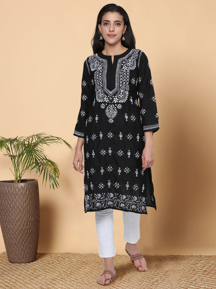 Chikankari Hand Embroidered Cotton Straight Kurta-PC3438 Black